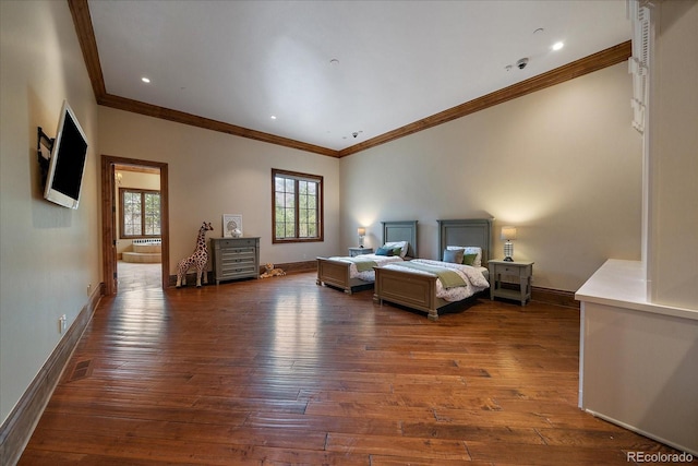 bedroom featuring recessed lighting, baseboards, dark wood finished floors, and ornamental molding