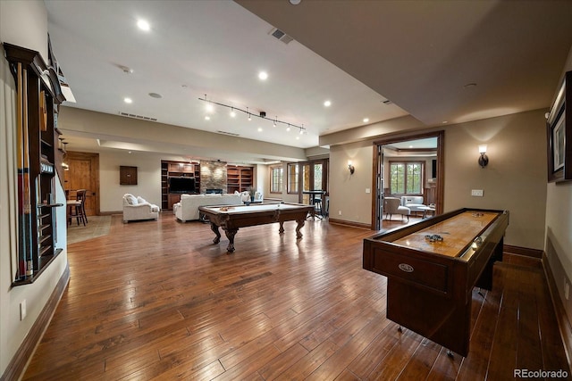 game room featuring pool table, wood-type flooring, visible vents, and baseboards