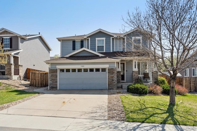 13818 Krameria St, Thornton, CO 80602 - craftsman house featuring a porch, fence, stone siding, concrete driveway, and a garage