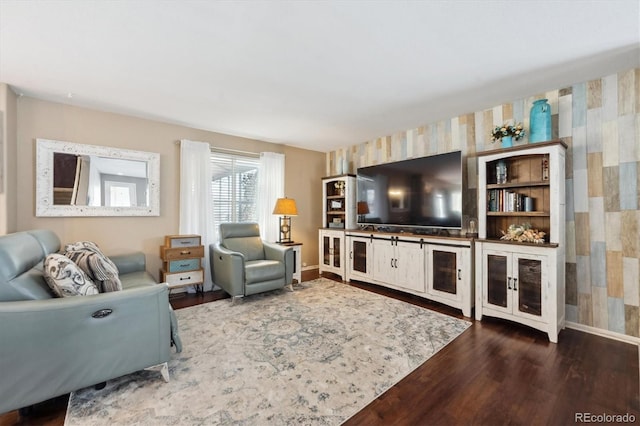 13818 Krameria St, Thornton, CO 80602 - living room with dark wood-type flooring and wallpapered walls
