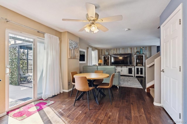 13818 Krameria St, Thornton, CO 80602 - dining space with baseboards, wood finished floors, and a ceiling fan
