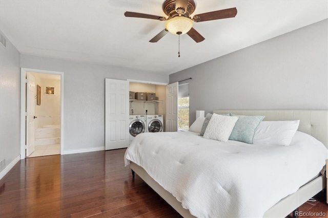 13818 Krameria St, Thornton, CO 80602 - bedroom with wood finished floors, visible vents, ceiling fan, washing machine and dryer, and baseboards