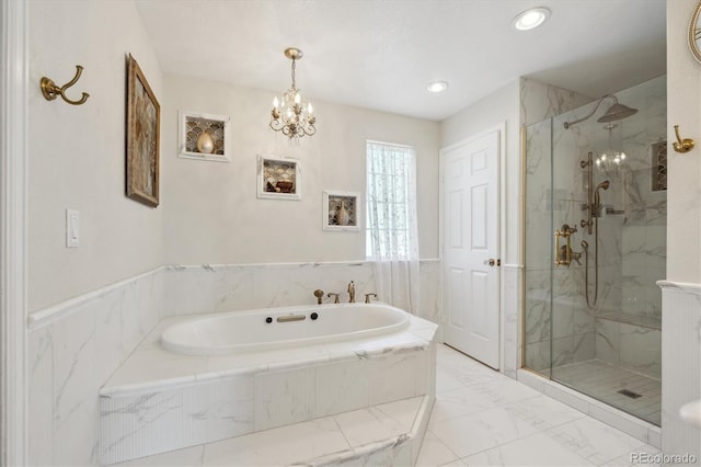 13818 Krameria St, Thornton, CO 80602 - bathroom with an inviting chandelier, a marble finish shower, a bath, marble finish floor, and recessed lighting