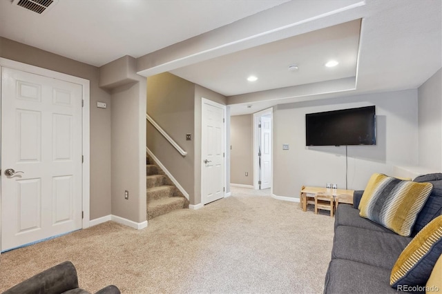 13818 Krameria St, Thornton, CO 80602 - living room featuring visible vents, recessed lighting, stairway, carpet floors, and baseboards