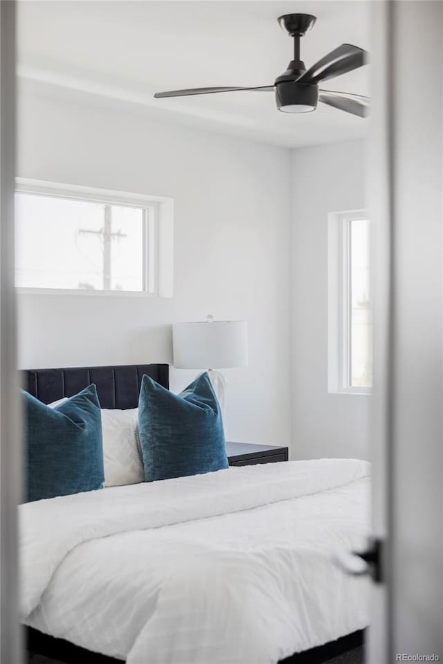 bedroom featuring multiple windows and ceiling fan