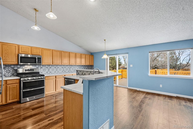 kitchen featuring decorative light fixtures, dark hardwood / wood-style flooring, stainless steel appliances, decorative backsplash, and a kitchen island with sink