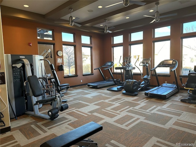 gym with recessed lighting, ceiling fan, and carpet floors