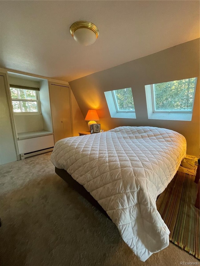 bedroom featuring a baseboard radiator, vaulted ceiling with skylight, and carpet floors