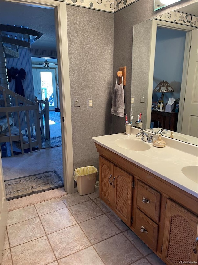 bathroom with vanity, tile patterned floors, and ceiling fan