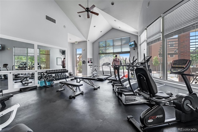 5467 Zephyr Ct Unit 5467, Arvada, CO 80002 - exercise room with a ceiling fan, healthy amount of natural light, and high vaulted ceiling