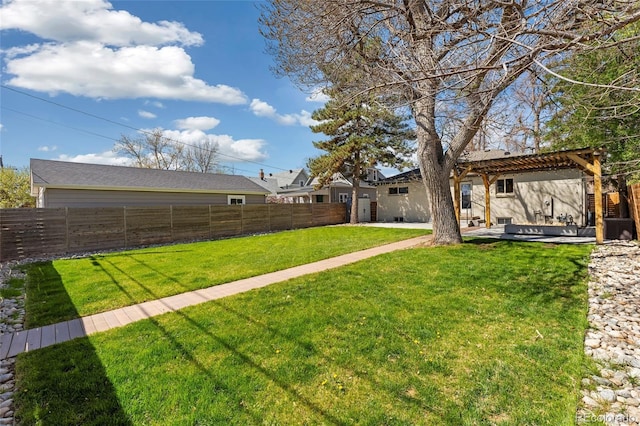 view of yard with central AC, a patio, and a fenced backyard