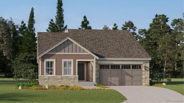 craftsman house featuring driveway, stone siding, board and batten siding, a front lawn, and a garage
