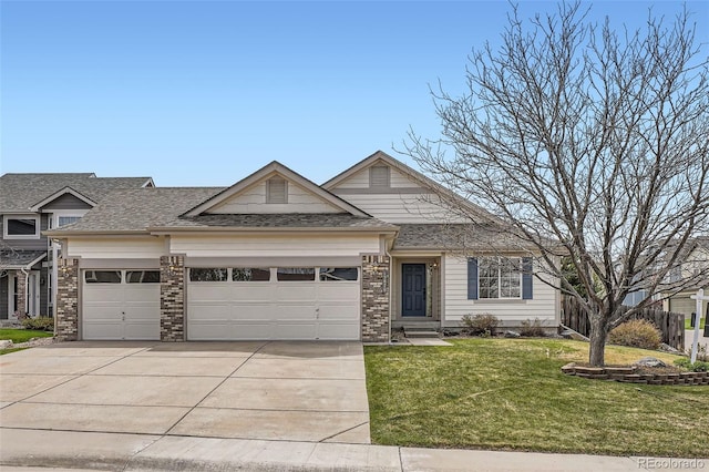 15870 Duckweed Ct, Parker, CO 80134 - craftsman house featuring roof with shingles, an attached garage, brick siding, a front yard, and concrete driveway
