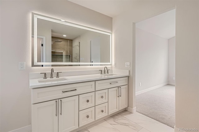 15870 Duckweed Ct, Parker, CO 80134 - bathroom featuring a sink, double vanity, tiled shower, and marble finish floor