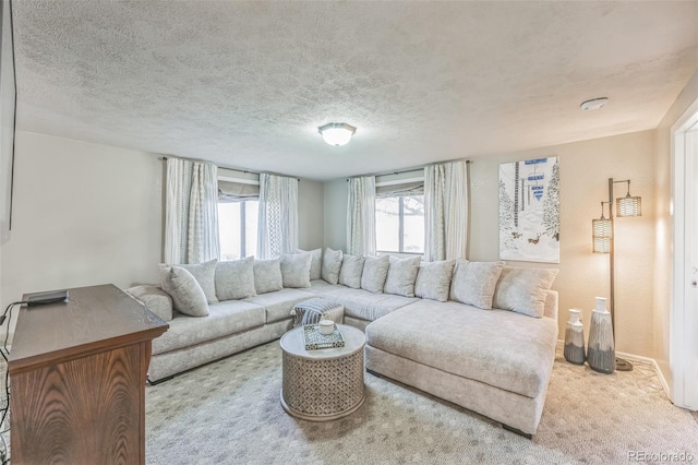 living room with a textured ceiling and light colored carpet