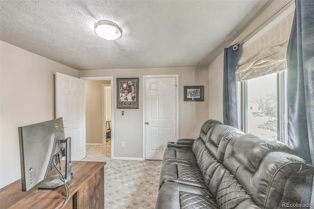 living room featuring carpet and a textured ceiling