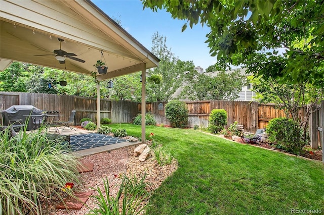 8269 S Gaylord Cir, Centennial, CO 80122 - fenced backyard featuring ceiling fan and a patio area