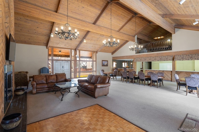living area featuring beam ceiling, carpet, high vaulted ceiling, a chandelier, and wood ceiling