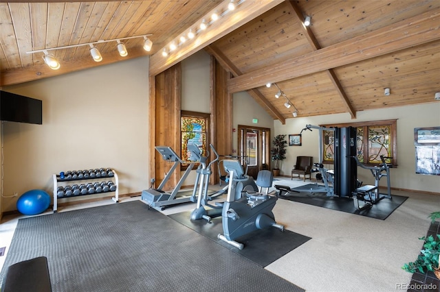 exercise area featuring wooden ceiling, a healthy amount of sunlight, baseboards, and track lighting