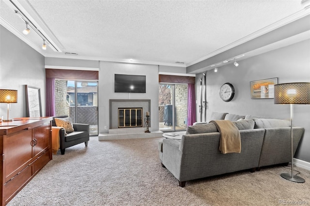 living area with track lighting, a textured ceiling, and carpet flooring