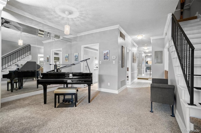 living area featuring stairs, a textured ceiling, crown molding, carpet floors, and baseboards