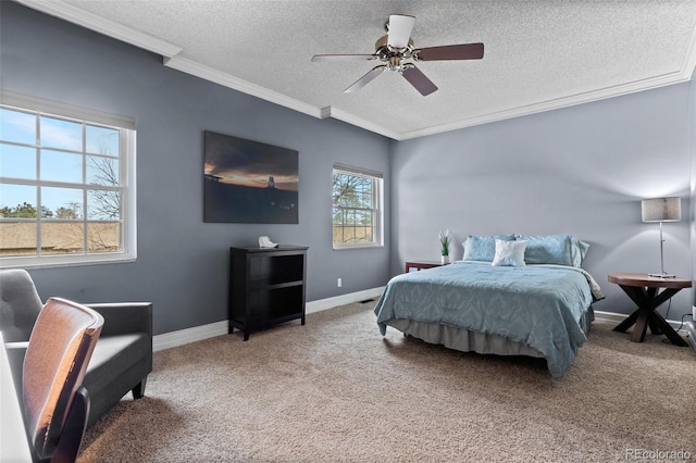 bedroom featuring crown molding, a textured ceiling, carpet flooring, and ceiling fan