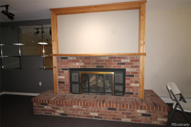 interior details featuring a fireplace, carpet flooring, and a baseboard heating unit