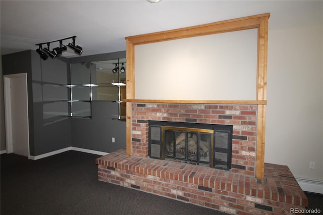 unfurnished living room with a fireplace and dark colored carpet