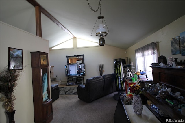 living room featuring carpet floors and lofted ceiling