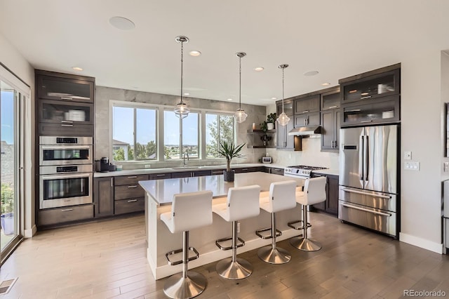 4526 Colorado River Dr, Firestone, CO 80504 - kitchen with stainless steel appliances, a sink, under cabinet range hood, light countertops, and light wood-type flooring