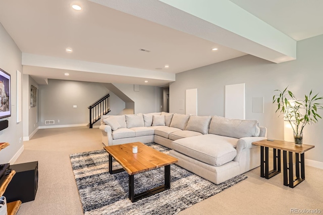 4526 Colorado River Dr, Firestone, CO 80504 - living room featuring light carpet, stairs, recessed lighting, and baseboards