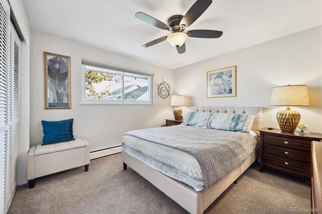 bedroom featuring carpet floors, a baseboard radiator, a closet, and ceiling fan