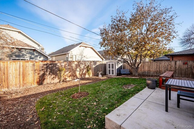 view of yard with a patio area and a shed