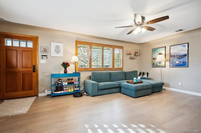 living room featuring light hardwood / wood-style floors, ceiling fan, and a baseboard heating unit