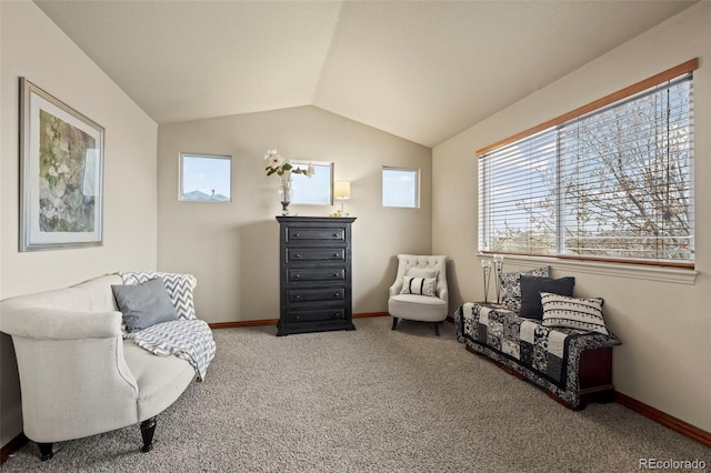 living area with carpet floors and vaulted ceiling