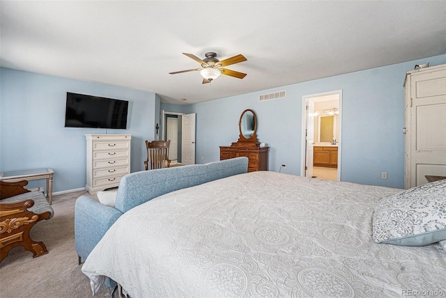 5224 Snow Goose St, Brighton, CO 80601 - carpeted bedroom with a ceiling fan, visible vents, connected bathroom, and baseboards