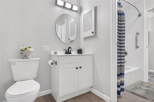 full bathroom with shower / bathtub combination with curtain, vanity, toilet, and wood-type flooring