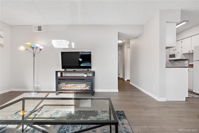 living room with hardwood / wood-style floors and a textured ceiling