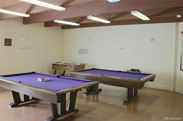 game room featuring beamed ceiling and pool table