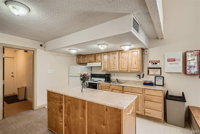 kitchen with white refrigerator, sink, a textured ceiling, and range with electric stovetop