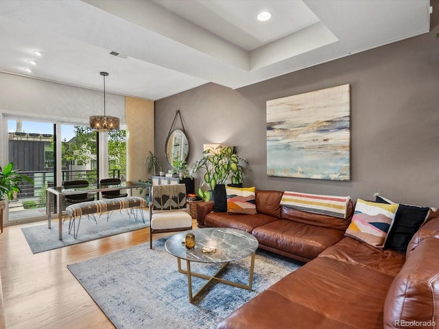 1880 W 32nd Ave, Denver, CO 80211 - living room with a chandelier, wood finished floors, recessed lighting, and a tray ceiling
