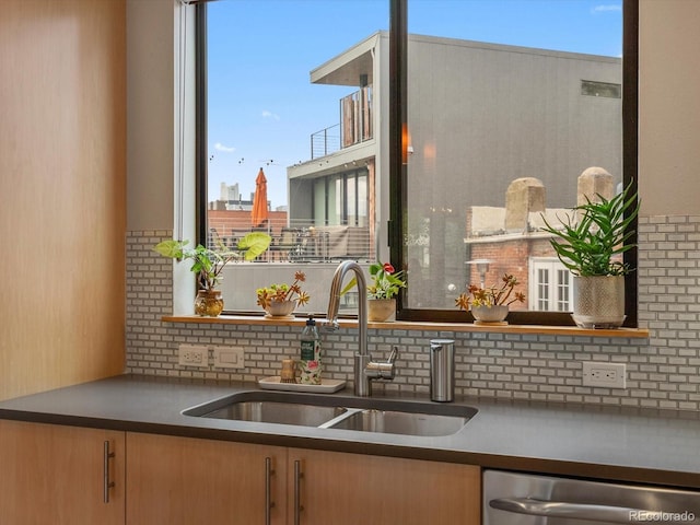 1880 W 32nd Ave, Denver, CO 80211 - kitchen with a sink, dishwasher, open shelves, tasteful backsplash, and dark countertops