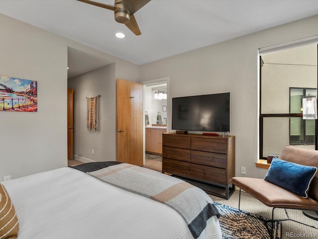 1880 W 32nd Ave, Denver, CO 80211 - bedroom featuring baseboards, connected bathroom, a ceiling fan, carpet floors, and recessed lighting