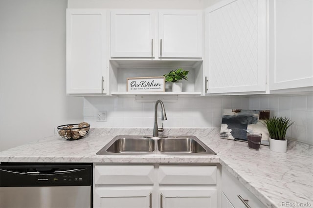 660 S Alton Way Unit 12C, Denver, CO 80247 - kitchen with stainless steel dishwasher, open shelves, white cabinets, and decorative backsplash