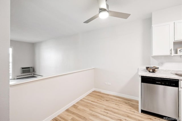 660 S Alton Way Unit 12C, Denver, CO 80247 - kitchen with dishwasher, white cabinetry, ceiling fan, light wood-style flooring, and a wall mounted AC
