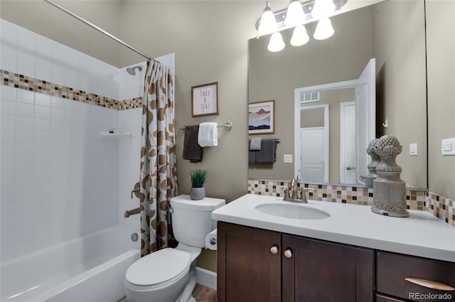 6203 Adamants Dr, Colorado Springs, CO 80924 - full bathroom with shower / bath combination with curtain, vanity, visible vents, toilet, and decorative backsplash