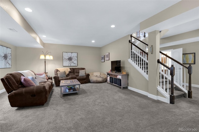 6203 Adamants Dr, Colorado Springs, CO 80924 - carpeted living area with recessed lighting, visible vents, baseboards, and stairs