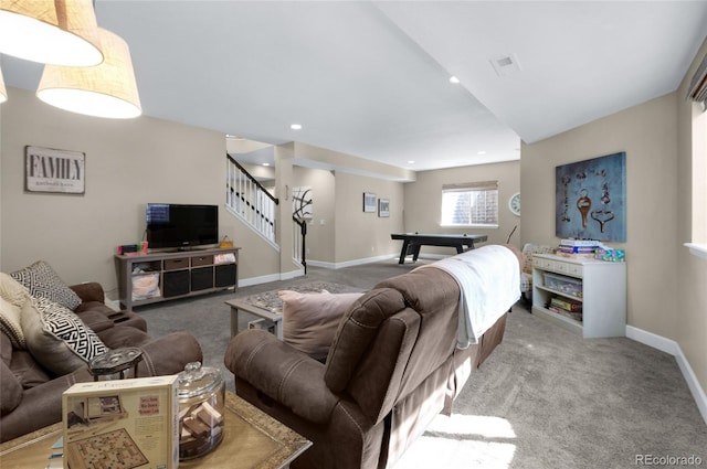6203 Adamants Dr, Colorado Springs, CO 80924 - living area featuring stairs, billiards, baseboards, and carpet floors