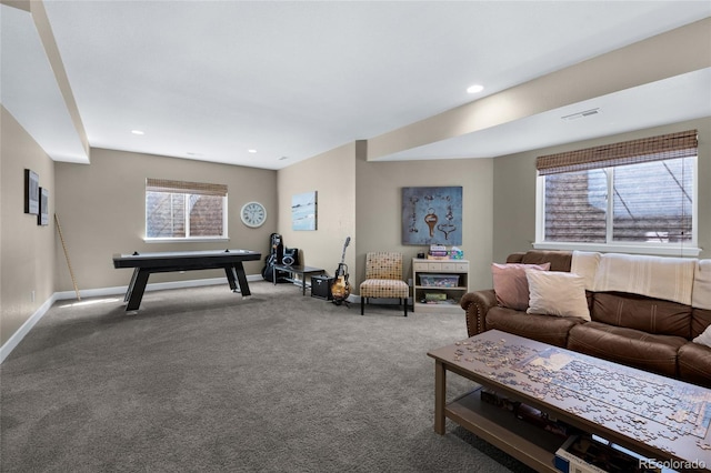 6203 Adamants Dr, Colorado Springs, CO 80924 - carpeted living room featuring plenty of natural light, visible vents, baseboards, and billiards