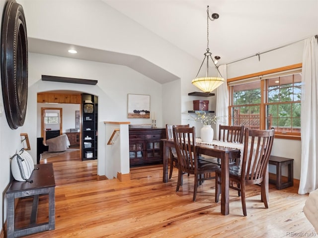 27905 Mariposa Rd, Evergreen, CO 80439 - dining area with arched walkways, lofted ceiling, light wood-style flooring, and a wealth of natural light